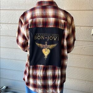 Bon Jovi Upcycled Flannel Shirt Unisex Size Large L Handmade